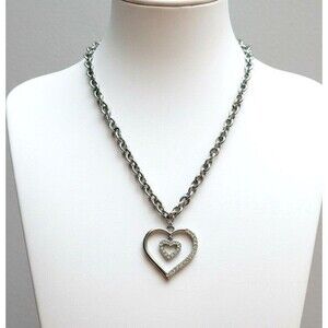 Guess Silver Tone Chunky Chain Double Heart Rhinestone Pendant Necklace